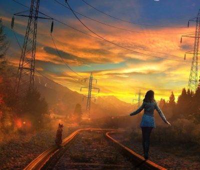 Երեկո, մայրամուտ, աղջիկ, երկաթուղի